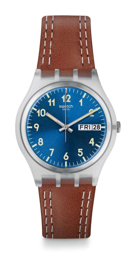 Men's Swatch wristwatch with blue dial, silver case, and brown leather strap