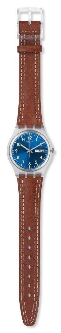 Men's Swatch wristwatch showing brown leather strap with silver case
