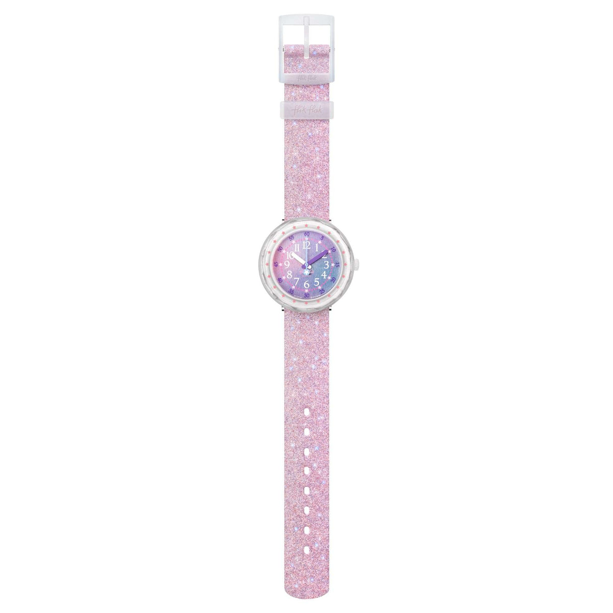 Girls quartz watch standing view with pink glitter strap and round pink dial