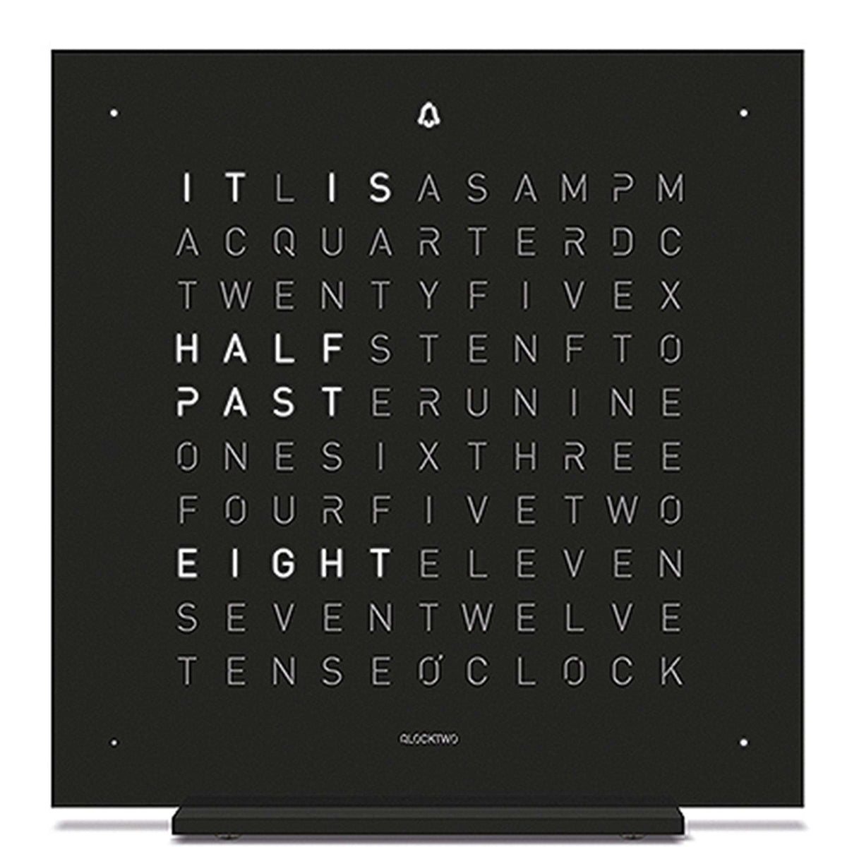 QLOCKTWO touch metal table clock in deep black, word-clock face with base