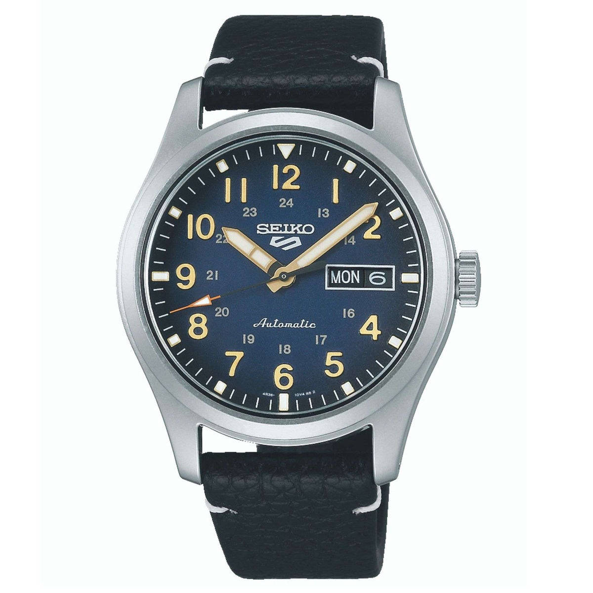 Men's automatic wristwatch with blue dial, black leather strap, date window at 6