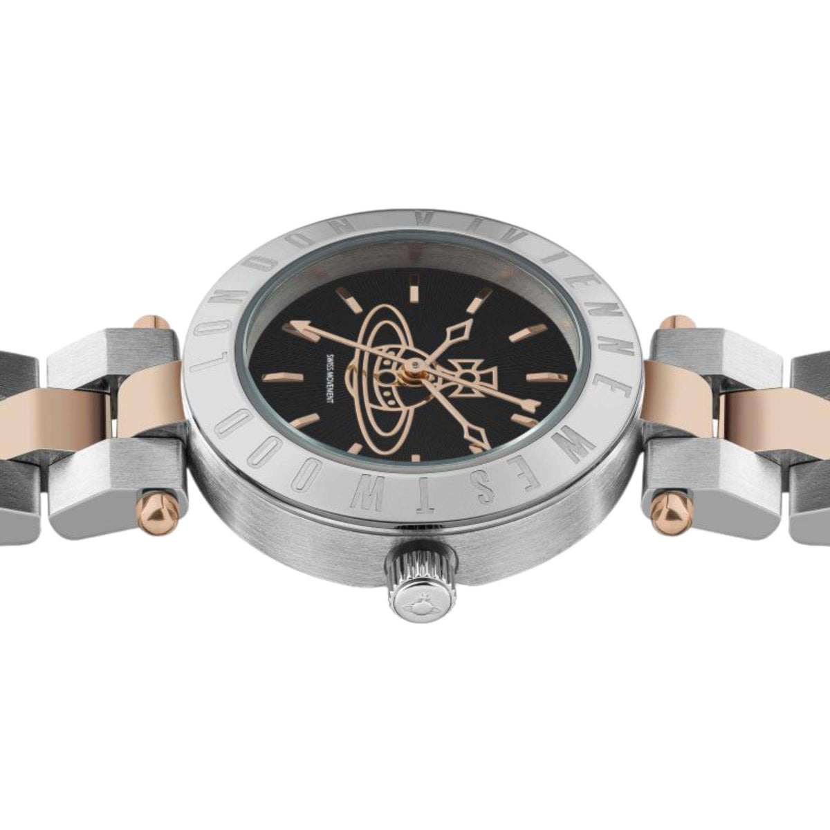 Stainless steel watch with black dial, gold-tone hands, rose-tone bezel and crown