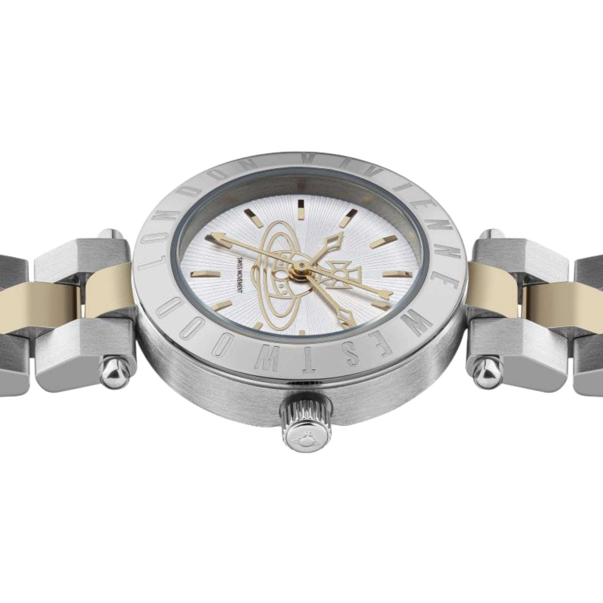 Two-tone stainless steel ladies watch with white dial and gold hands on metal bracelet