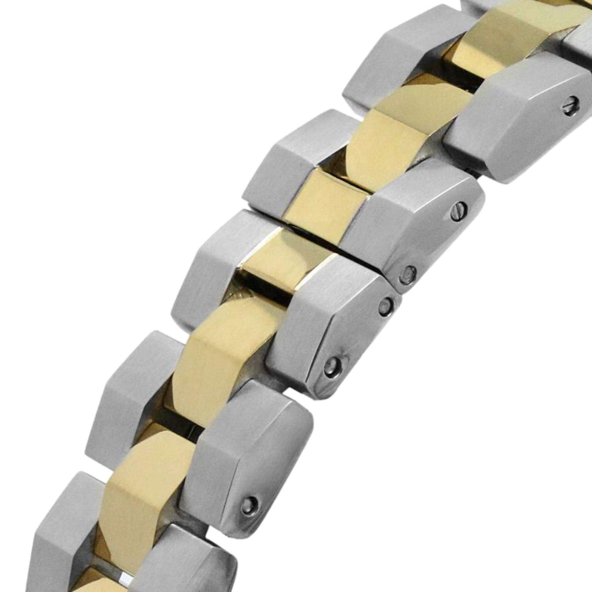 Two-tone stainless steel watch bracelet links with alternating gold and silver panels