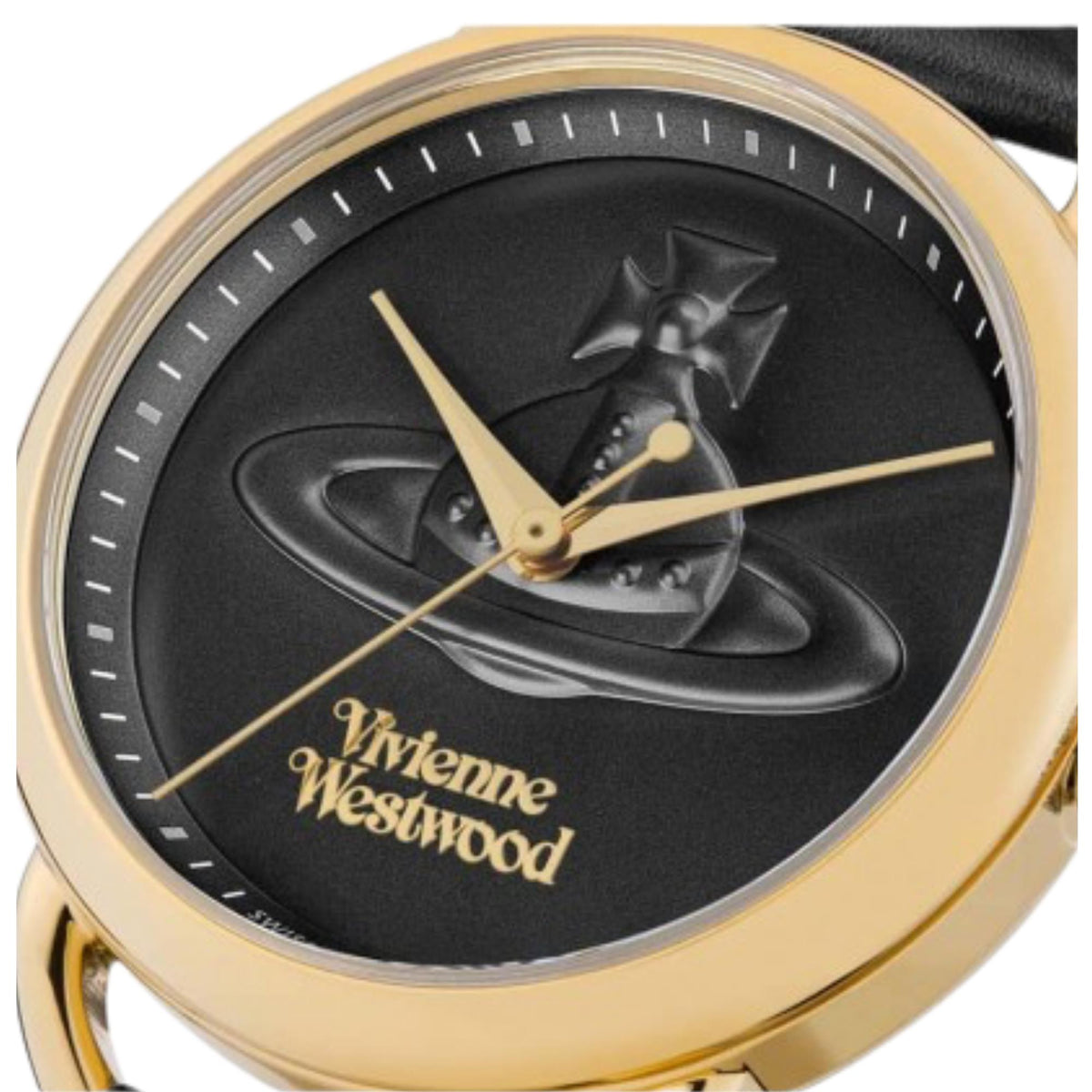 Close-up ladies watch dial with black face, gold hands, and Vivienne Westwood emblem