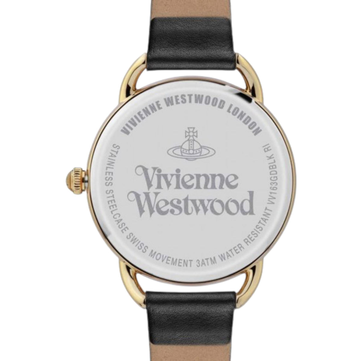 Watch case back with engraved Vivienne Westwood text on silver dial, black leather strap