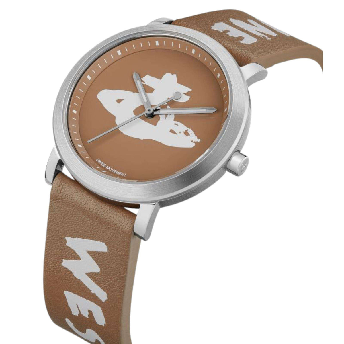 Ladies quartz watch with brown dial, silver case, leather strap with logo print