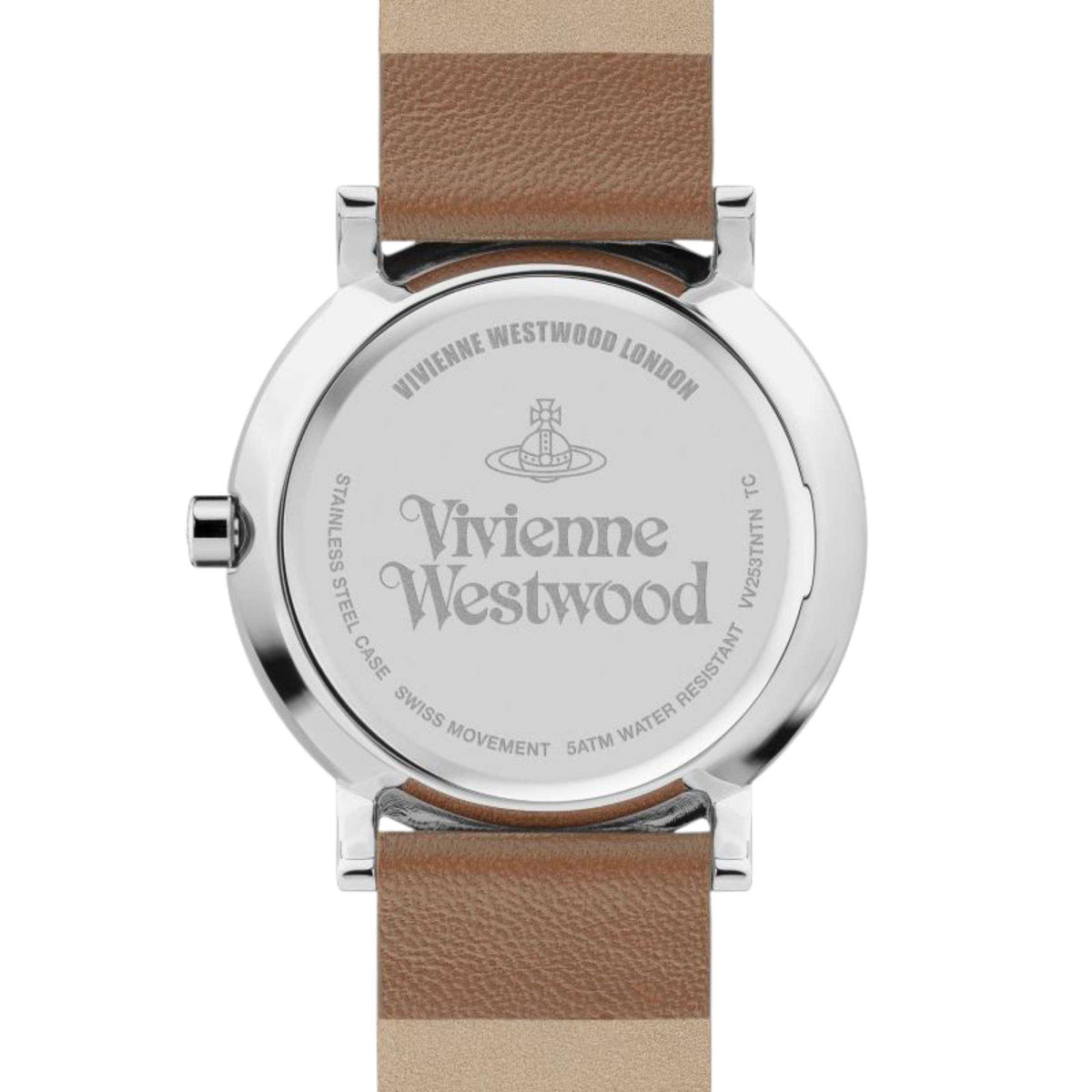 Ladies quartz watch back with engraved Vivienne Westwood and brown leather strap