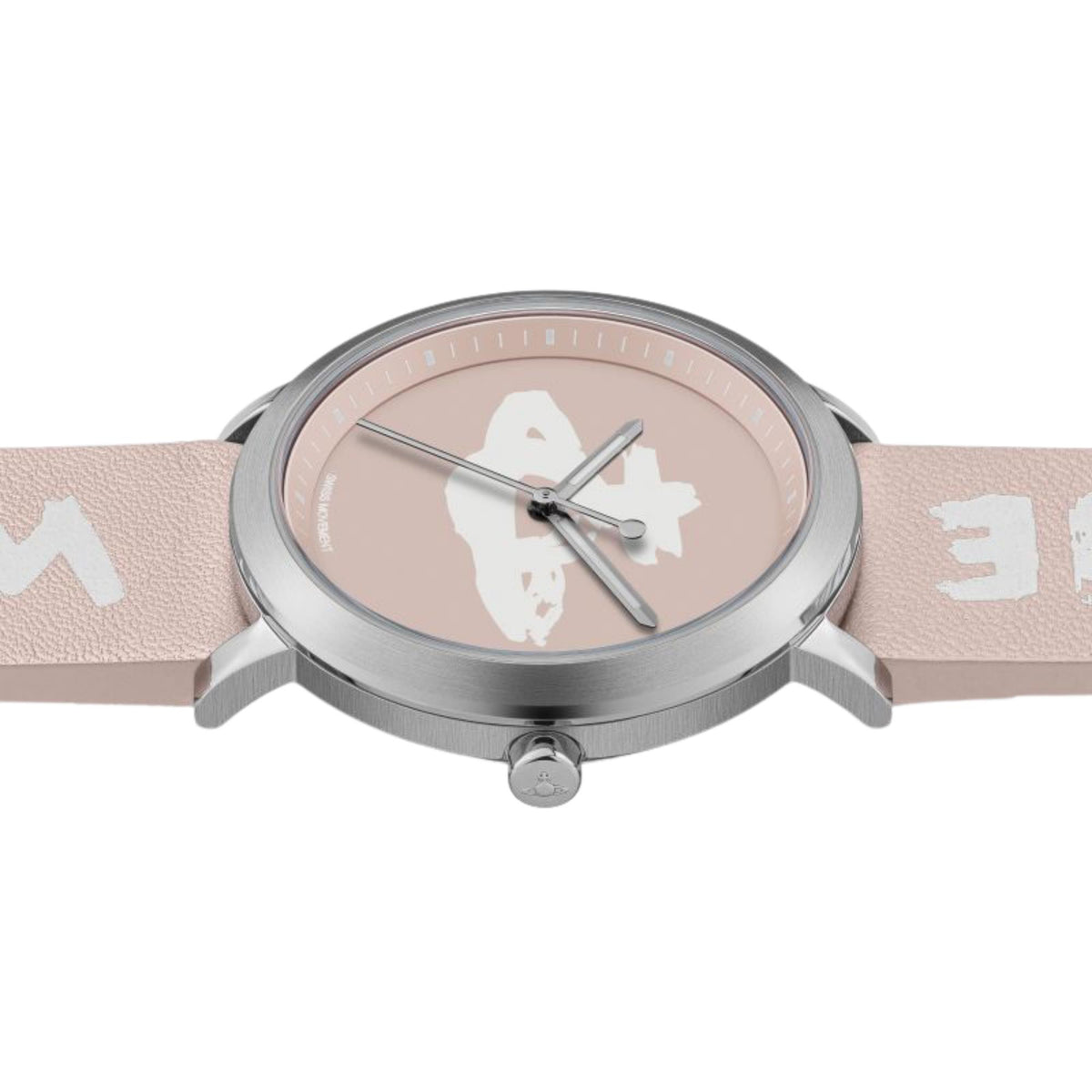 Ladies pink dial watch front view with silver bezel and taupe strap, visible crown