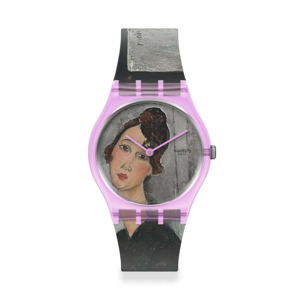 Pink quartz wristwatch with purple accent bezel, round portrait dial and silver side crown