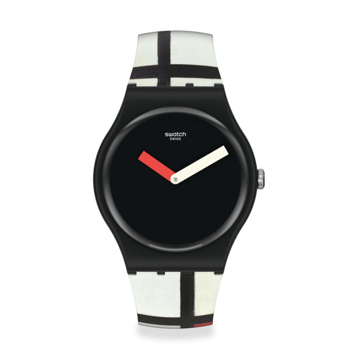 Quartz wristwatch with black dial, red second hand, white hour hand, and graphic black-and-white strap