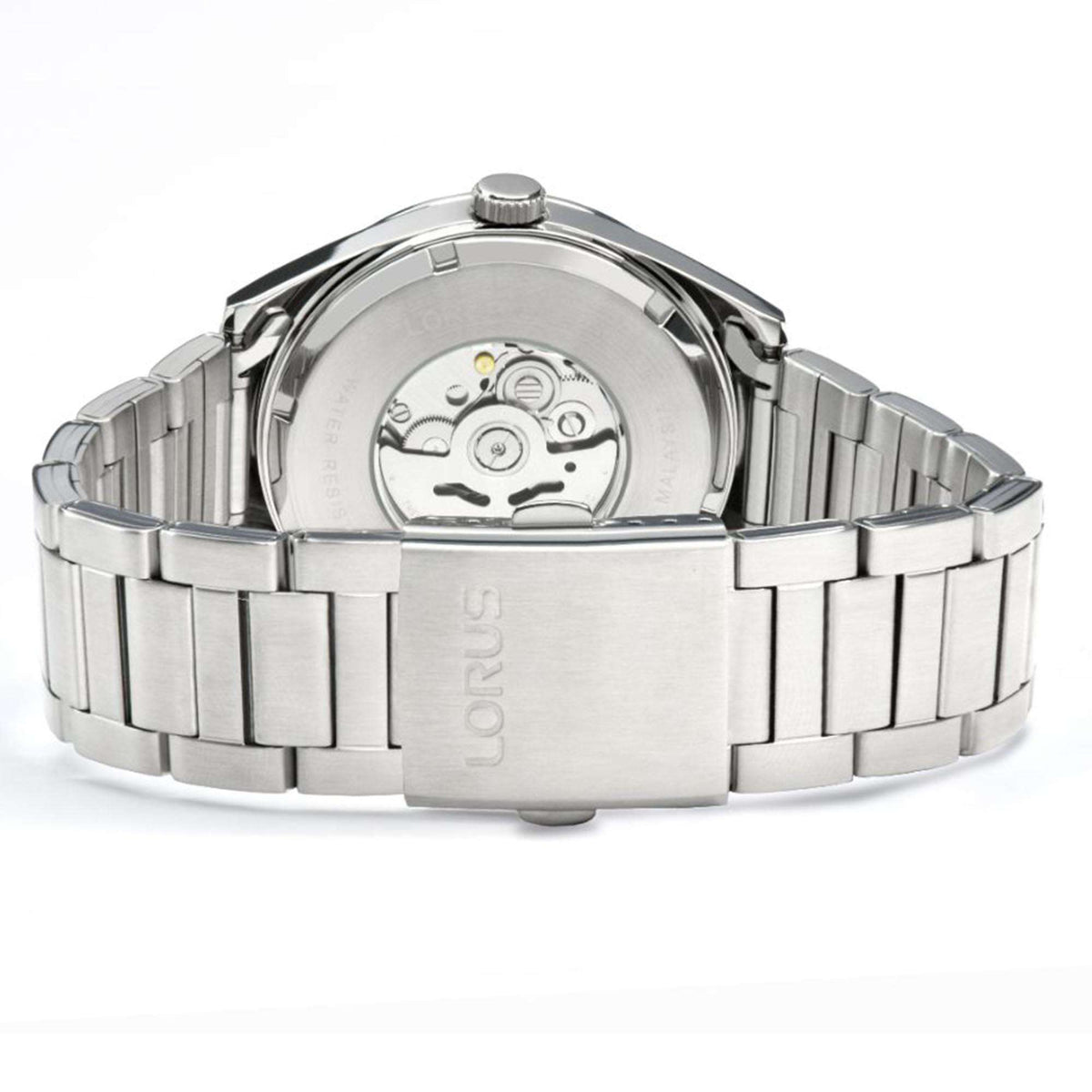 Stainless steel automatic watch case back view with bracelet and visible rotor