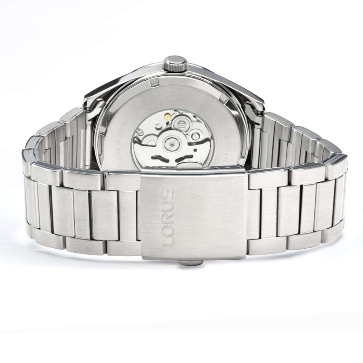 Men's automatic watch with silver stainless bracelet and visible clasp, case back view