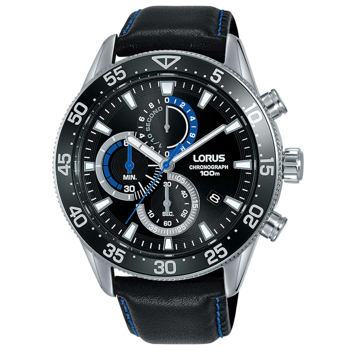 Sport quartz wristwatch with black dial, blue details, steel case, leather strap