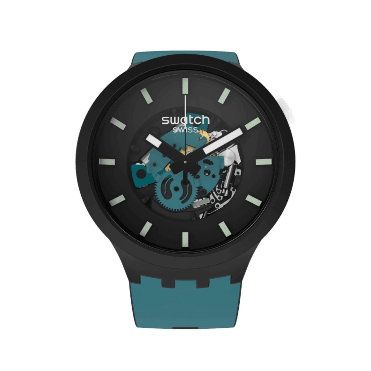 Round black dial quartz watch with teal silicone strap, skeleton center and stick hour markers