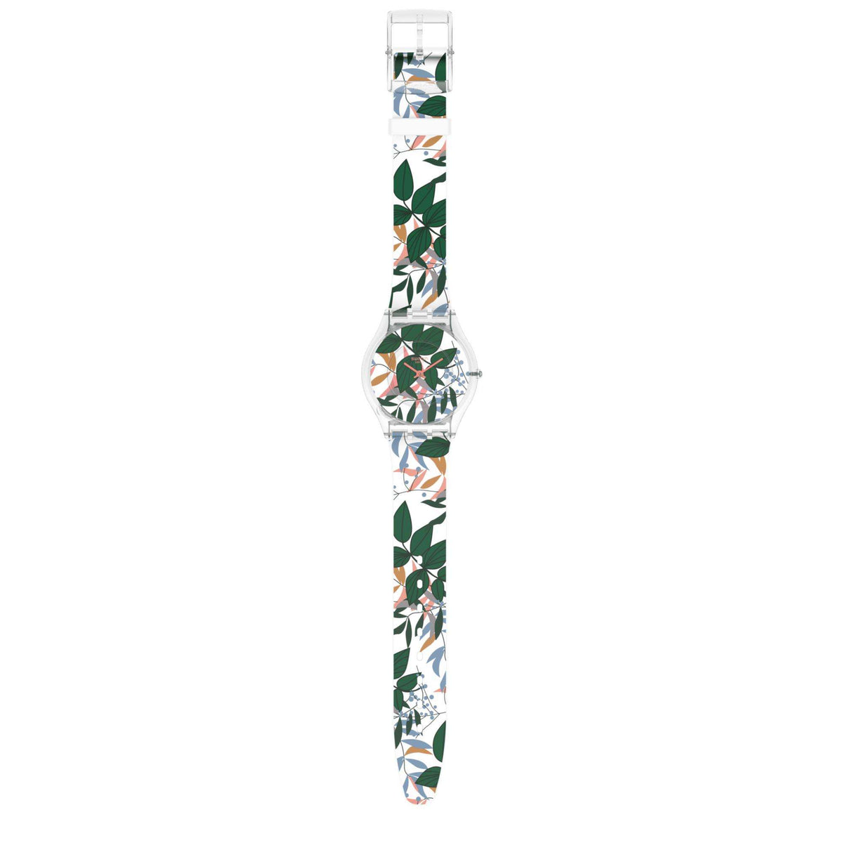 Ladies watch with patterned silicone strap and clear case, side view