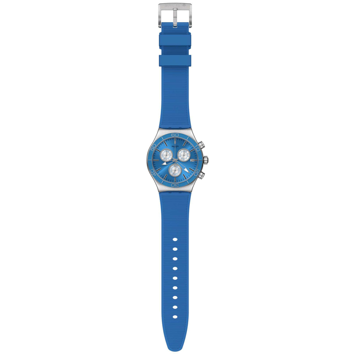 Blue silicone strap watch with blue dial and silver case, buckle at the top
