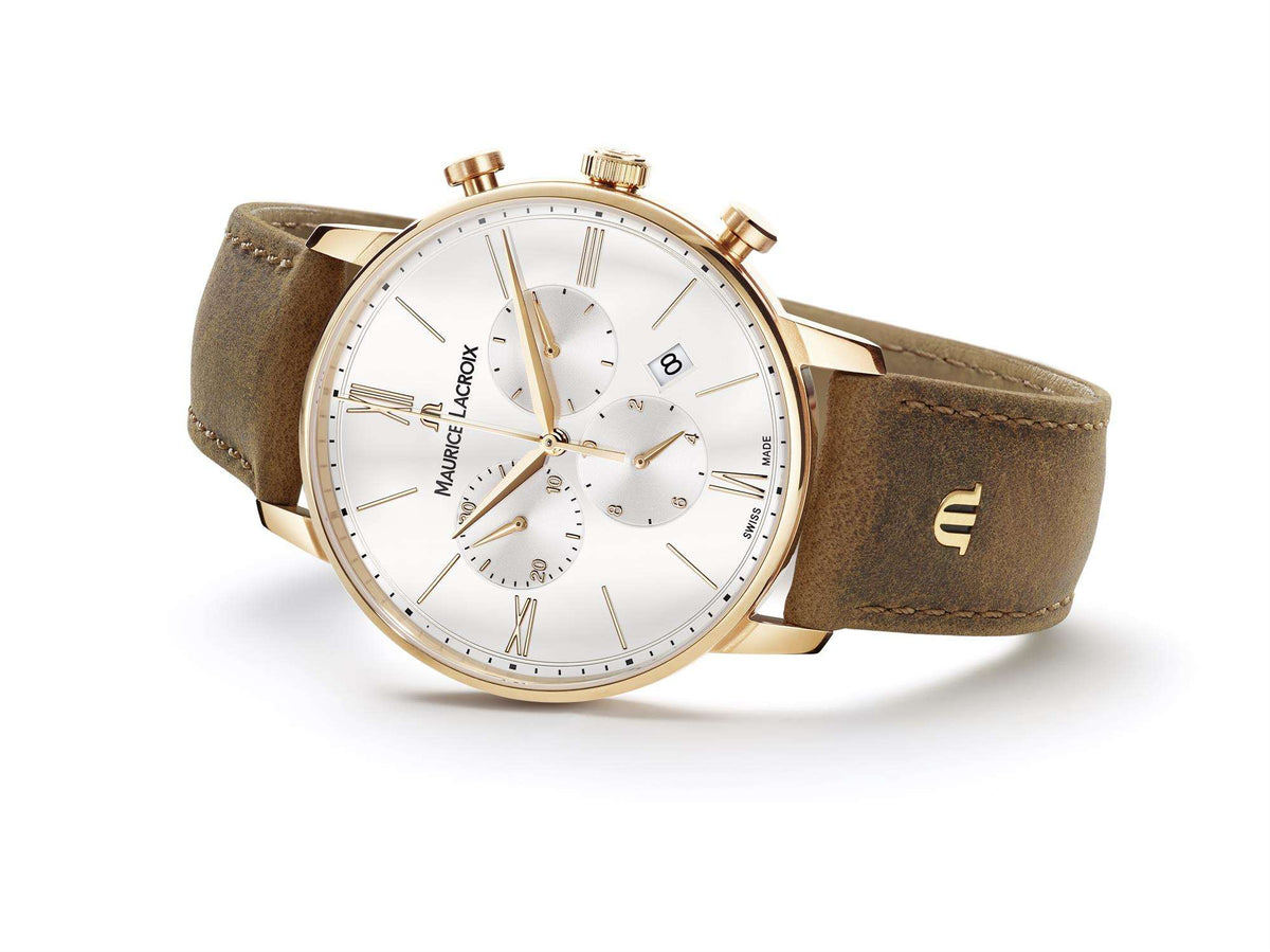 Men's chronograph watch on brown leather strap, white dial, rose-gold bezel and crowns