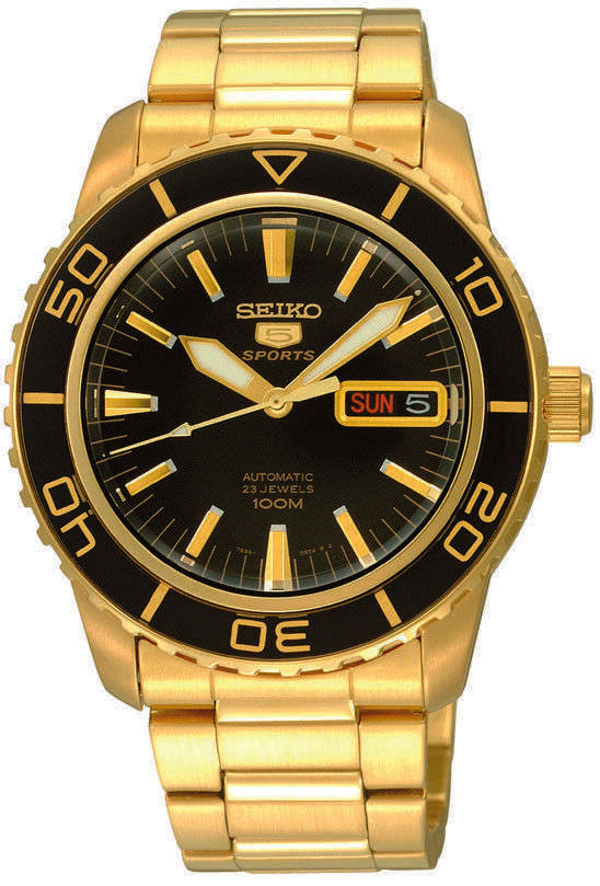 Men's gold-tone Seiko watch with black dial and 'SUN 5' date window