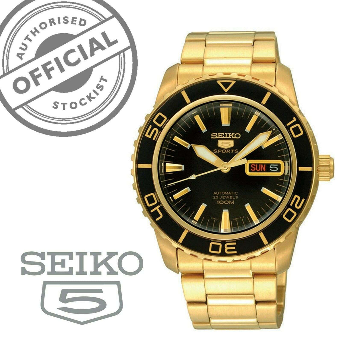 Seiko 5 Sports men's watch gold stainless bracelet, black dial, rotating bezel, date “SUN 5”