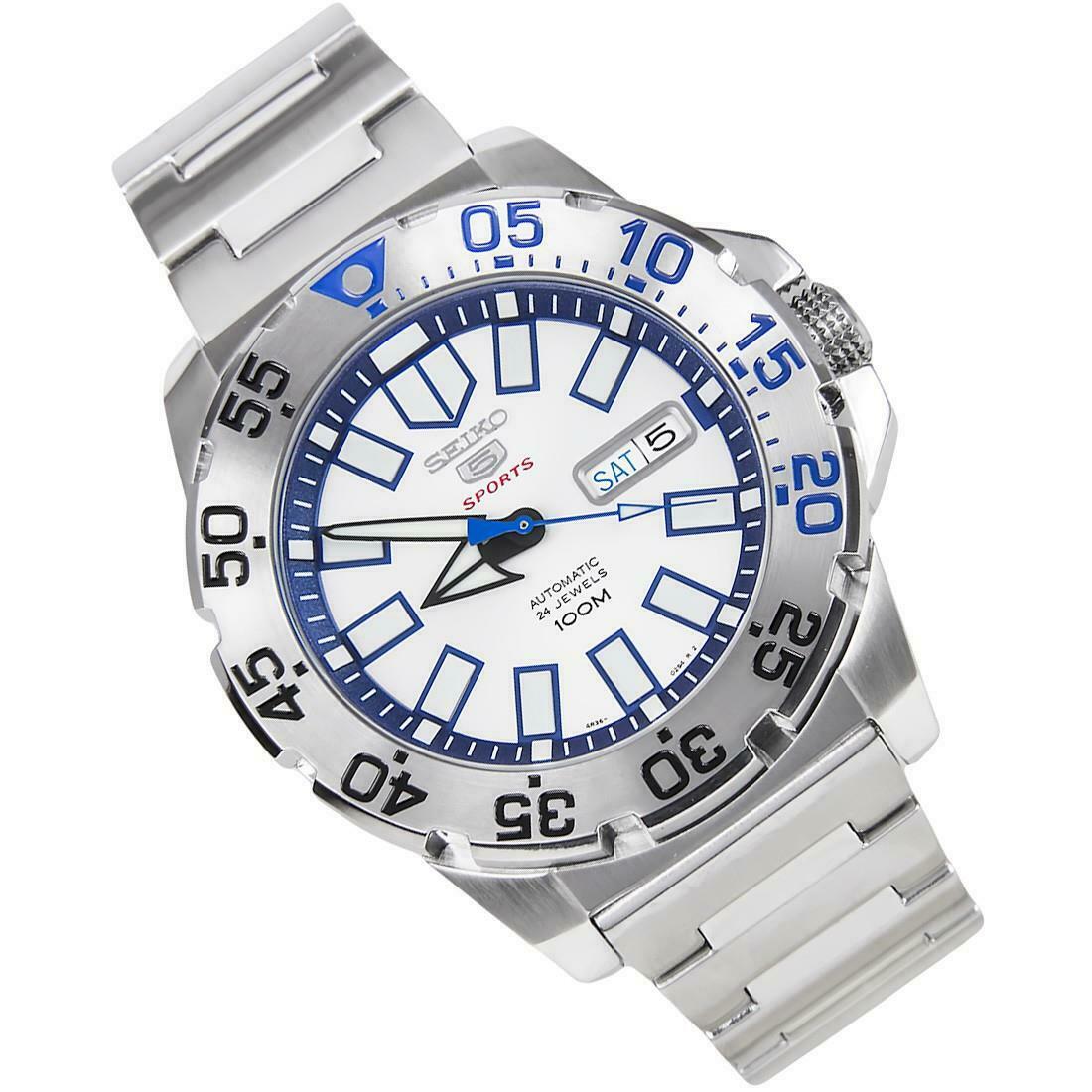 Men's stainless steel sports watch front view, white dial with blue bezel and metal bracelet