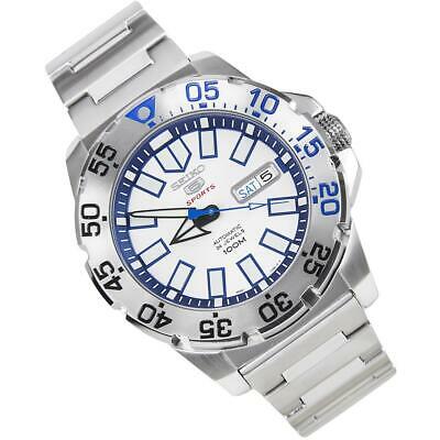 Men's stainless steel sports watch angled view, white dial with blue bezel and bracelet