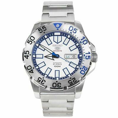 Men's stainless steel sport watch with white dial, blue bezel numbers, and metal bracelet