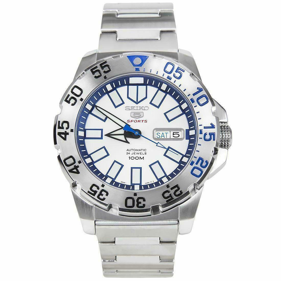 Men's stainless steel sports watch with white dial, blue hour markers, and Saturday date window