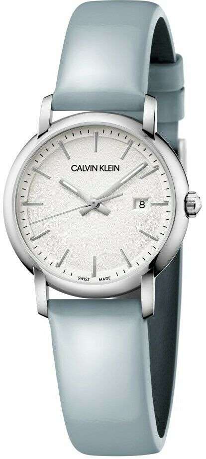 Ladies leather strap watch featuring a light blue leather strap and silver case with white dial