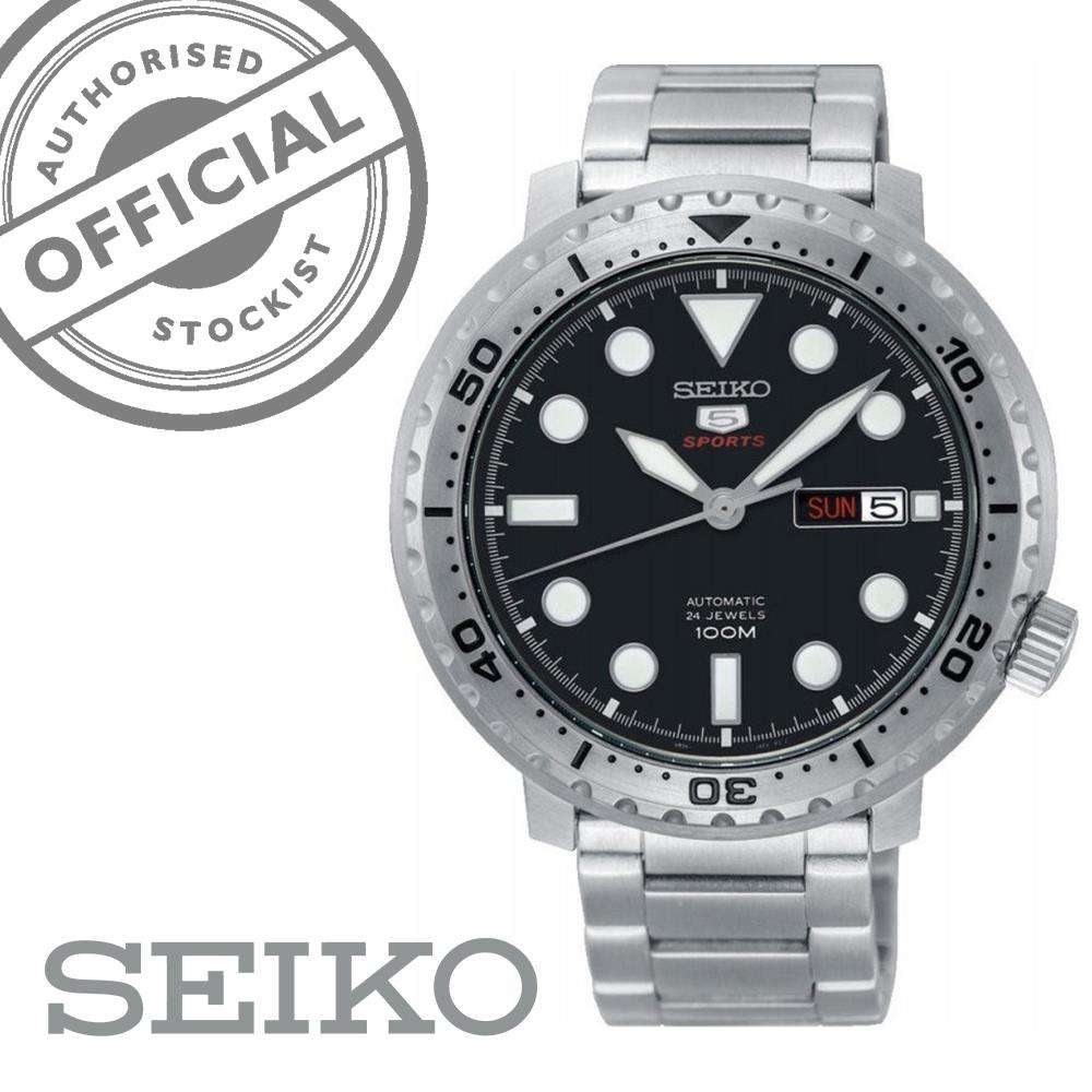 Men's automatic stainless steel watch with black dial, silver bezel and bracelet