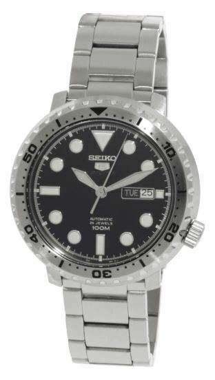 Seiko Sports men's automatic watch with black dial, silver bezel, and Tue 25 date