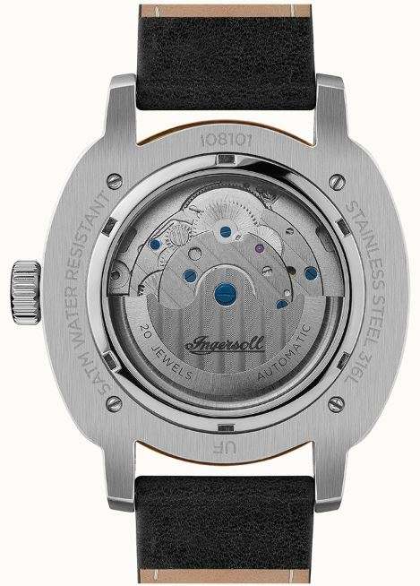 Back view of men's automatic watch with stainless-steel case and black leather strap