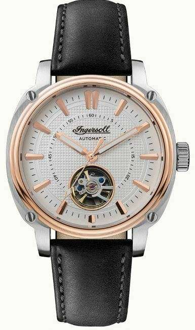 Men's automatic wrist watch with white dial, rose-gold bezel, black leather strap, blue detailing