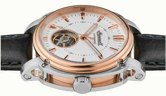 Men’s automatic watch showing rose-gold case and white dial with black leather strap