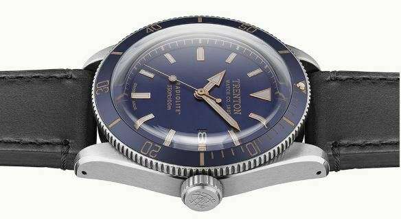 Trenton quartz watch side view with crown and blue dial, steel case