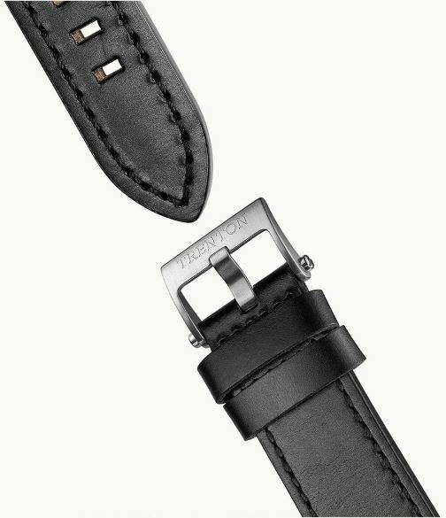 Black leather watch strap with stitched edge and metal buckle clasp