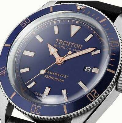 Close-up of Trenton blue dial with silver hour markers and bezel