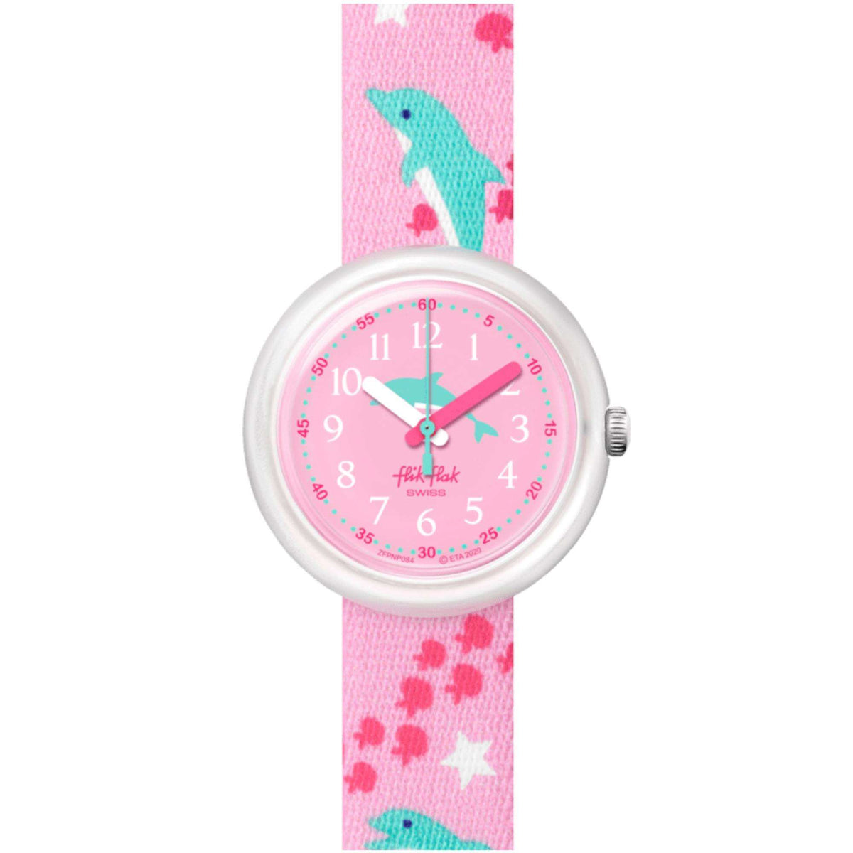 Kids' pink quartz watch: silver round case, pink face with numbers, and pink patterned fabric band