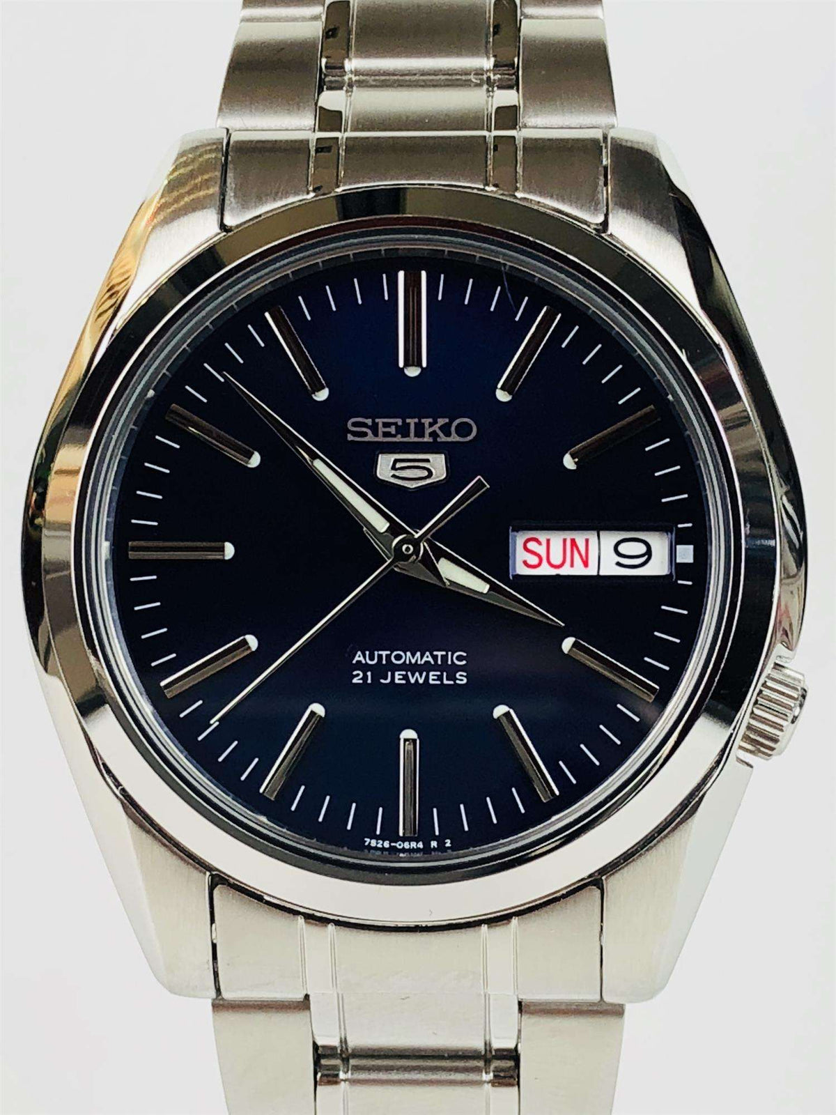 Seiko 5 SNKL43K1 blue dial stainless steel men's watch front view