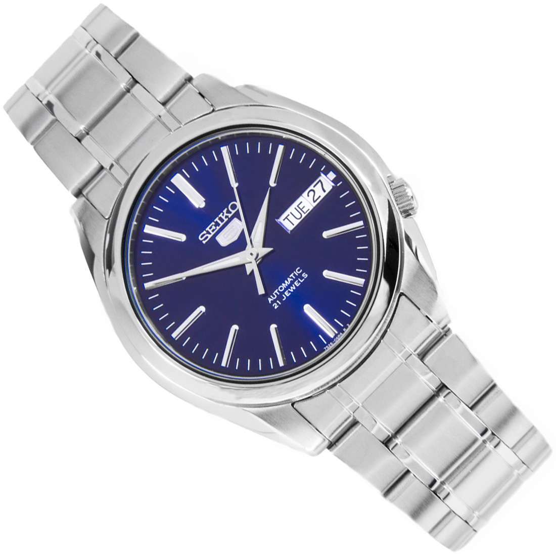 Angled view of Seiko 5 blue dial steel bracelet watch SNKL43K1