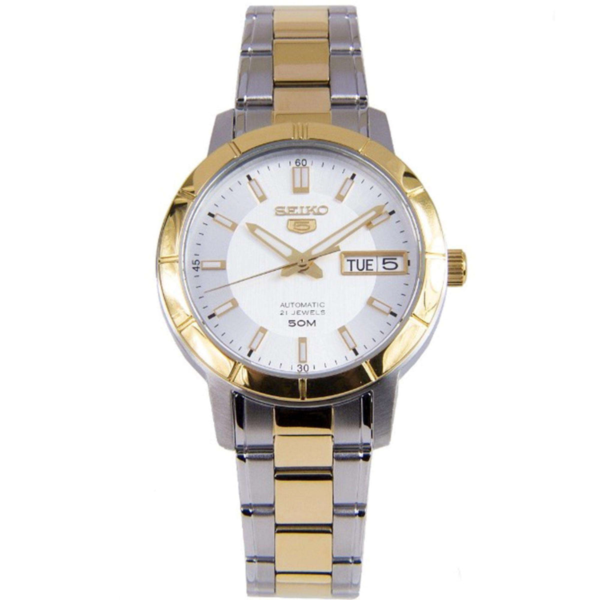 Two-tone stainless steel ladies watch with white dial, gold accents, day-date window, automatic