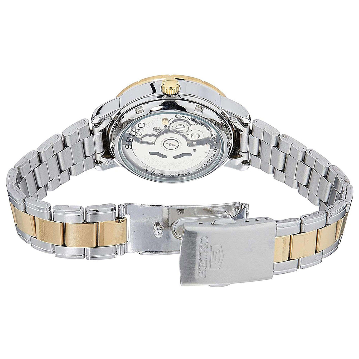 Two-tone ladies automatic watch back view with silver caseback and gold-accent bracelet links