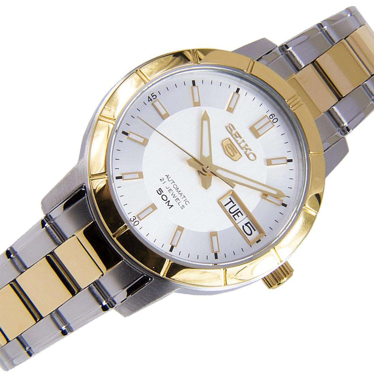 Two-tone ladies Seiko automatic watch with white dial and gold-silver link bracelet