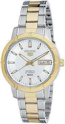 Seiko ladies automatic watch with white dial, silver/gold bracelet, day-date window