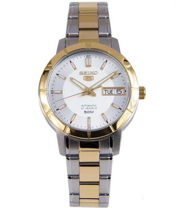 Two-tone Seiko automatic ladies watch with white dial and gold-and-silver bracelet