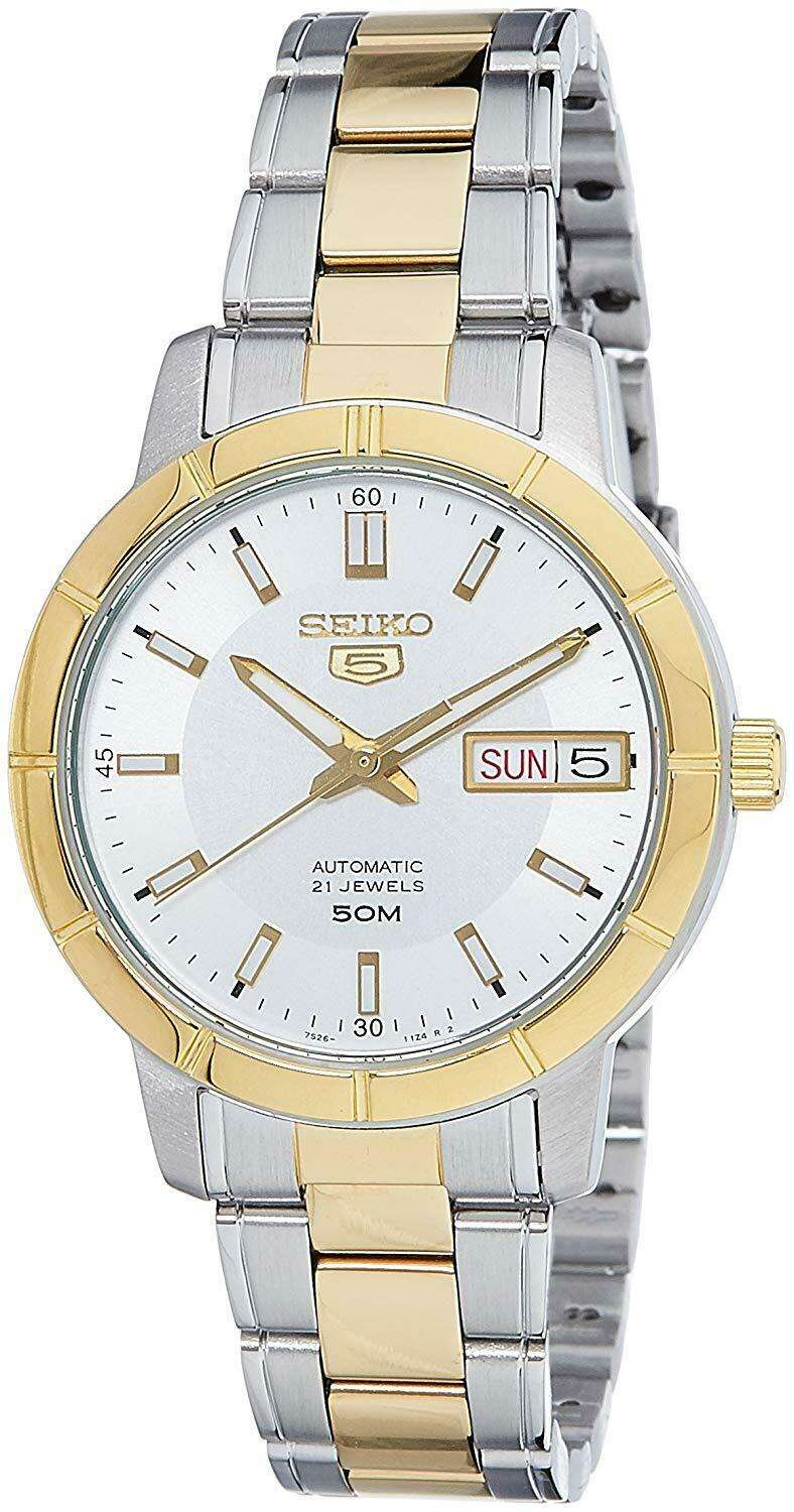 Two-tone stainless steel ladies watch with white dial and gold indices, day-date window at Sun 5