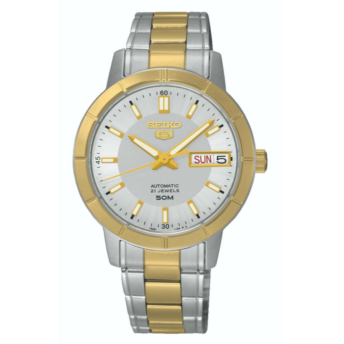 Ladies two-tone stainless steel automatic watch, white dial with gold hands and day-date window