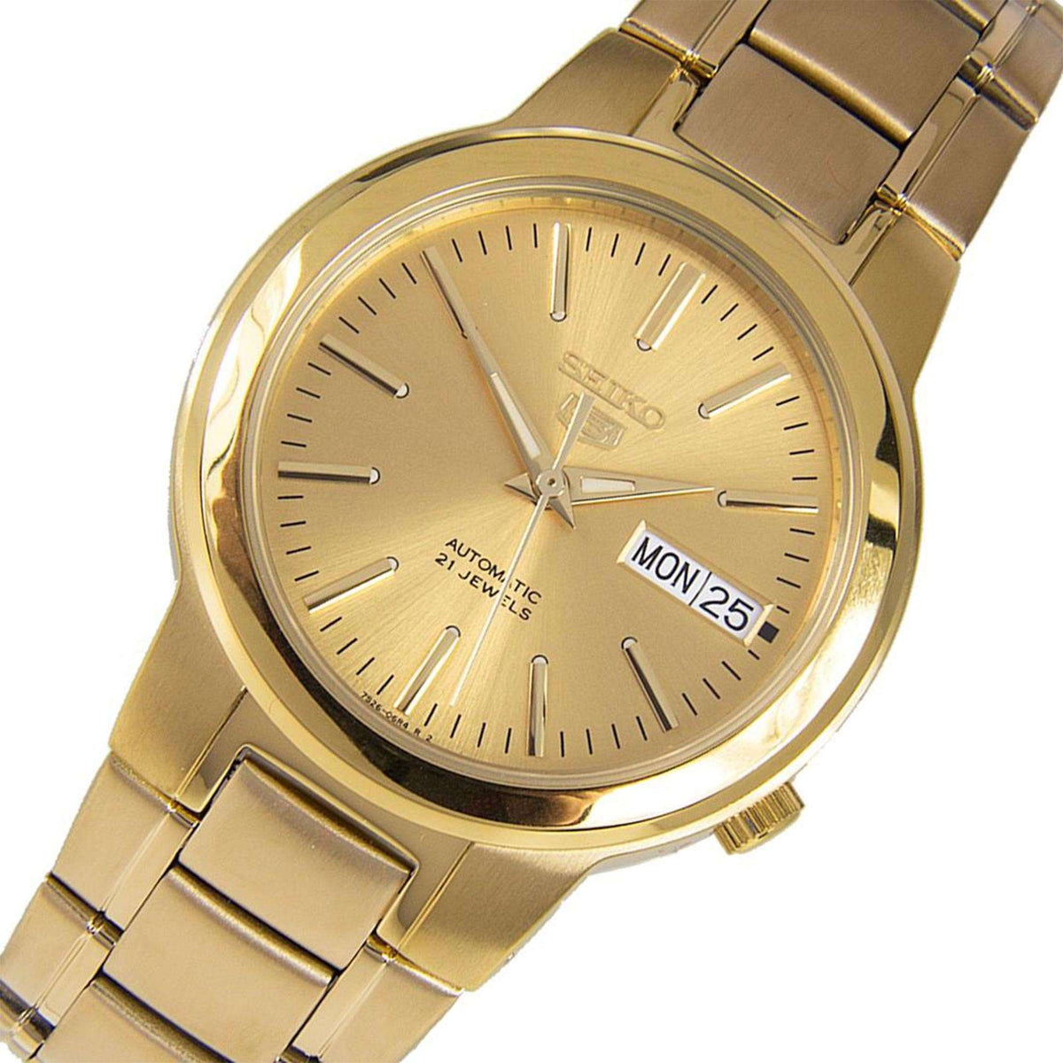 Seiko 5 37.5mm Automatic watch in an all-gold-tone design with a matching gold dial and link bracelet.