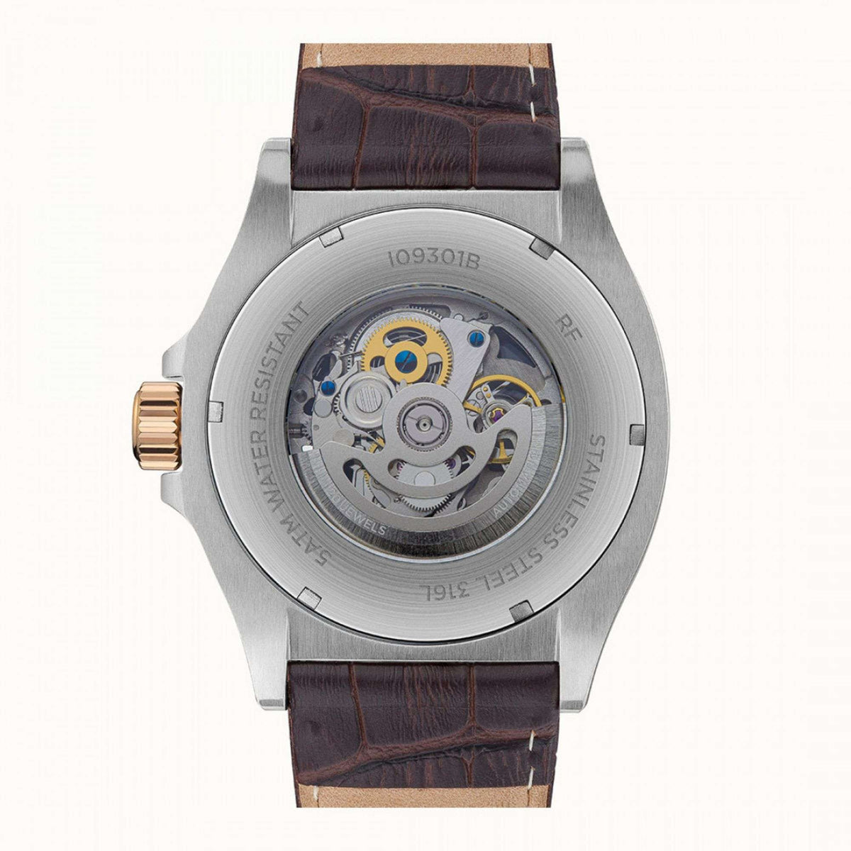 Watch caseback with visible automatic movement, brown leather strap, rose-gold crown