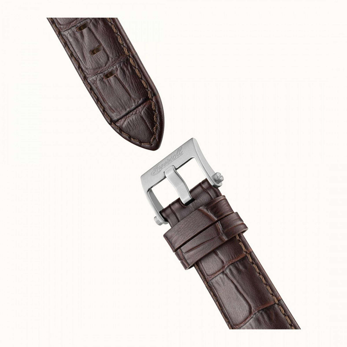 Brown leather watch strap with silver buckle and keeper, front of case visible